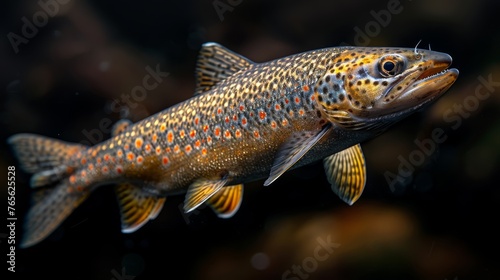  A close-up photo of a fish swimming in water surrounded by other fish against a dark backdrop