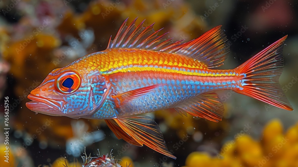 A clear image, showing only red and blue fish in a coral reef background, while yellow and orange flowers are blurred A clear image, showing only red and blue fish in a coral reef background, while yellow and orange flowers are blurred