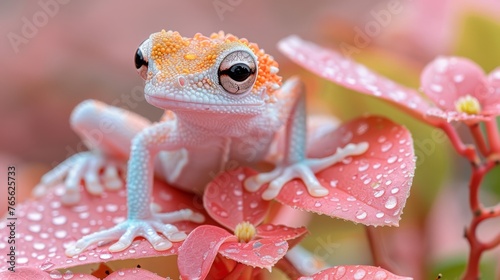  A macro photo captures a close-up image of a frog sitting atop a flower, while raindrops adorn its body The backdrop is slightly blurred (