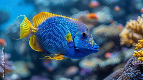  A macroscopic photo of a bi-colored fish amidst various coral reefs © Jevjenijs