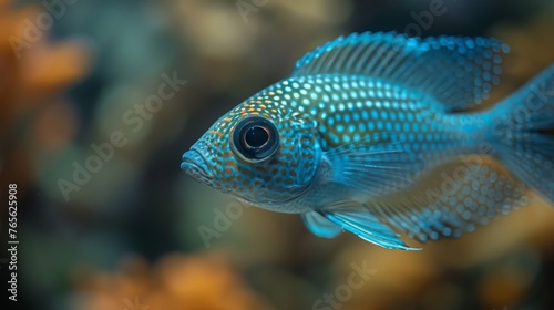  A detailed view of a vibrant blue fish swimming among colorful coral reefs, set against a backdrop of shimmering water