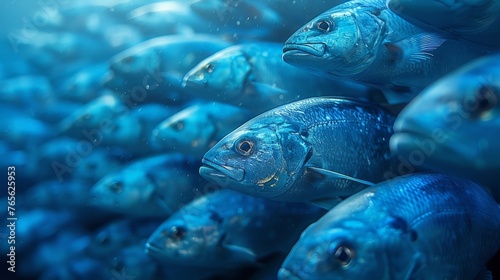  A large school of blue fish swimming amidst a larger school of smaller fish © Jevjenijs