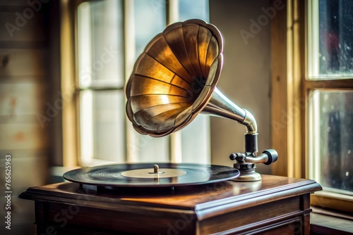 intage Gramophone Playing a Record in Sunlight photo