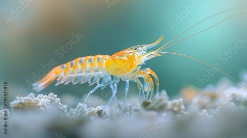  A macro shot of a tiny lemon shrimp nestled amidst pearly kelp against a cerulean backdrop