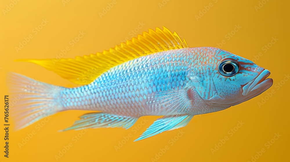 A macro photo of a blue-yellow fish on a yellow background, with a yellow wall in the backdrop A macro photo of a blue-yellow fish on a yellow background, with a yellow wall in the backdrop