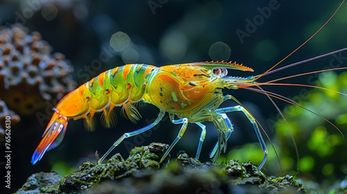  A zoomed-in photo of a vibrant shrimp perched atop a rock within a bustling coral reef, surrounded by various coral formations © Jevjenijs