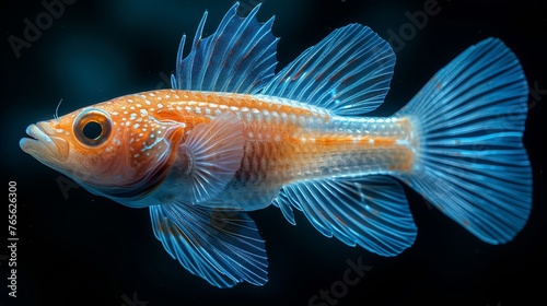  A macro image of a vibrant blue and orange fish with white spots against a dark background © Jevjenijs