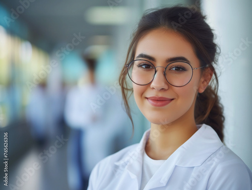 Portrait of smiling woman scientist with eyeglasses in bright laboratory