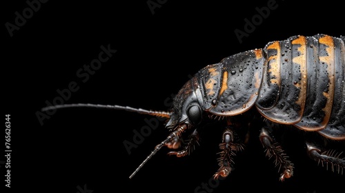  A macro image of a cockroach with water droplets on its body against a dark backdrop
