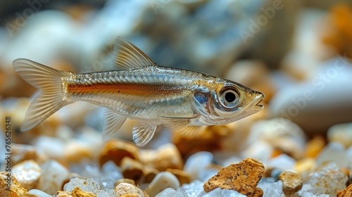  A close-up photo of a fish swimming in a rocky aquarium with water in the background