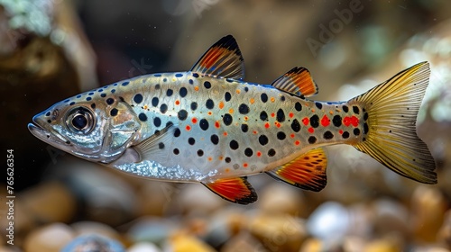  A close-up of a fish in a clear pond, surrounded by pebbles and a rocky shoreline in the distance