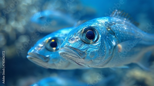  A high-resolution close-up image of a blue fish in an aquarium, surrounded by various other colorful fish in the background There's a single red fish visible in the © Jevjenijs