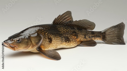  A fish lying flat on a white background with its mouth wide open