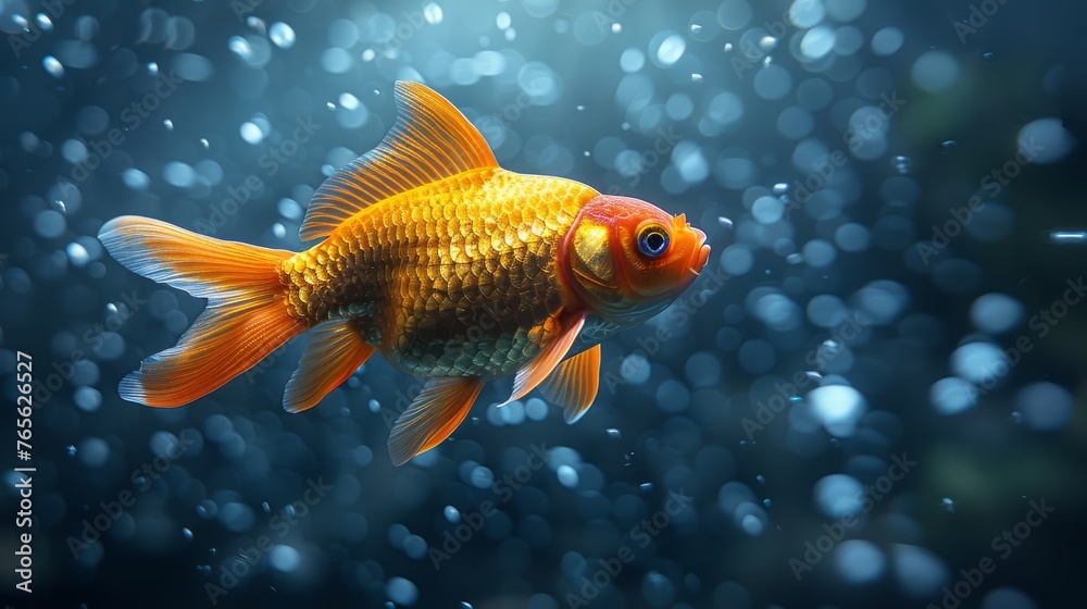 A close-up image of a goldfish in an aquarium, surrounded by water bubbles on its head A close-up image of a goldfish in an aquarium, surrounded by water bubbles on its head