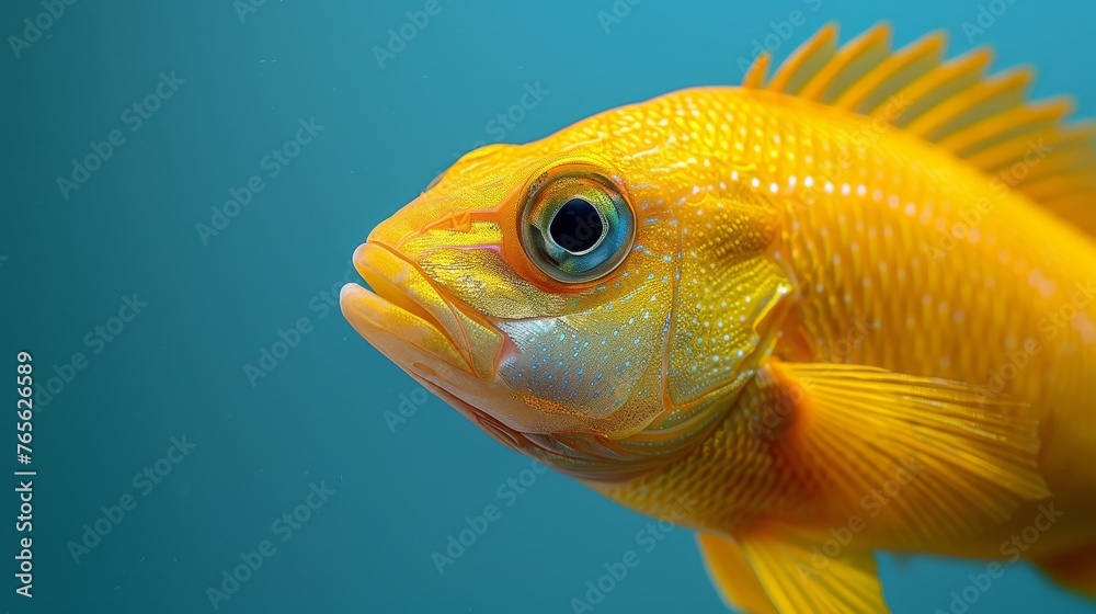 A close-up image of a yellow fish on a blue background, set against a light blue sky in the background A close-up image of a yellow fish on a blue background, set against a light blue sky in the background
