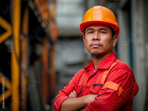 Portrait of industry maintenance engineer in orange safety helmet and red overalls