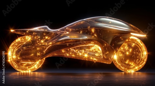  A sleek motorcycle with luminous wheels against a black backdrop and a beam of illumination in the foreground