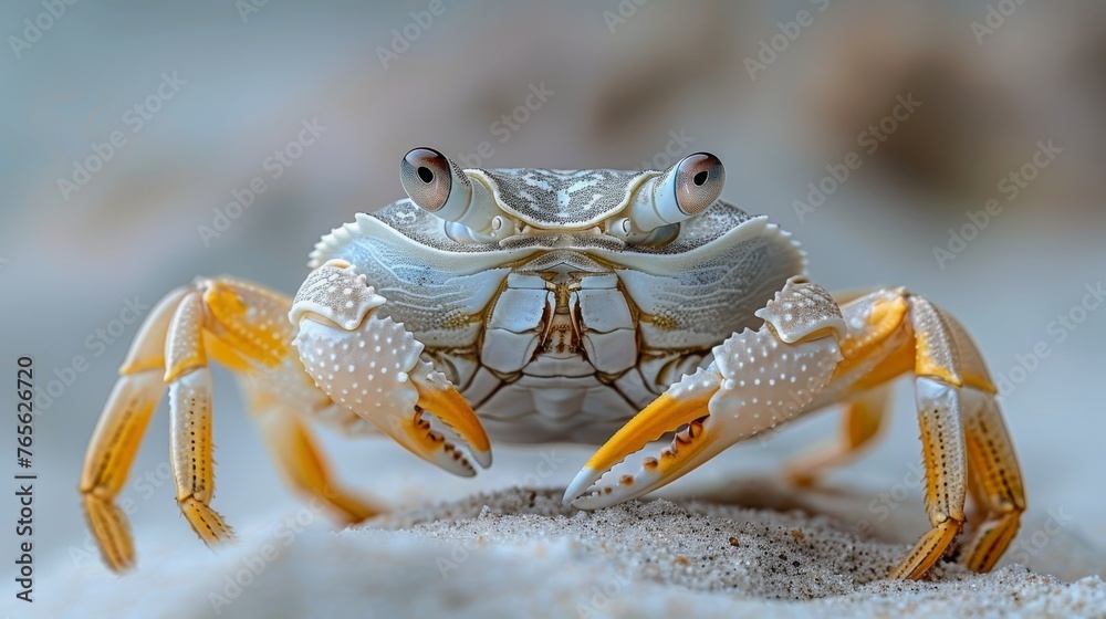  A sharp picture of a crab on the shore against a clear blue sky, with the crab in focus and a soft blur in the background