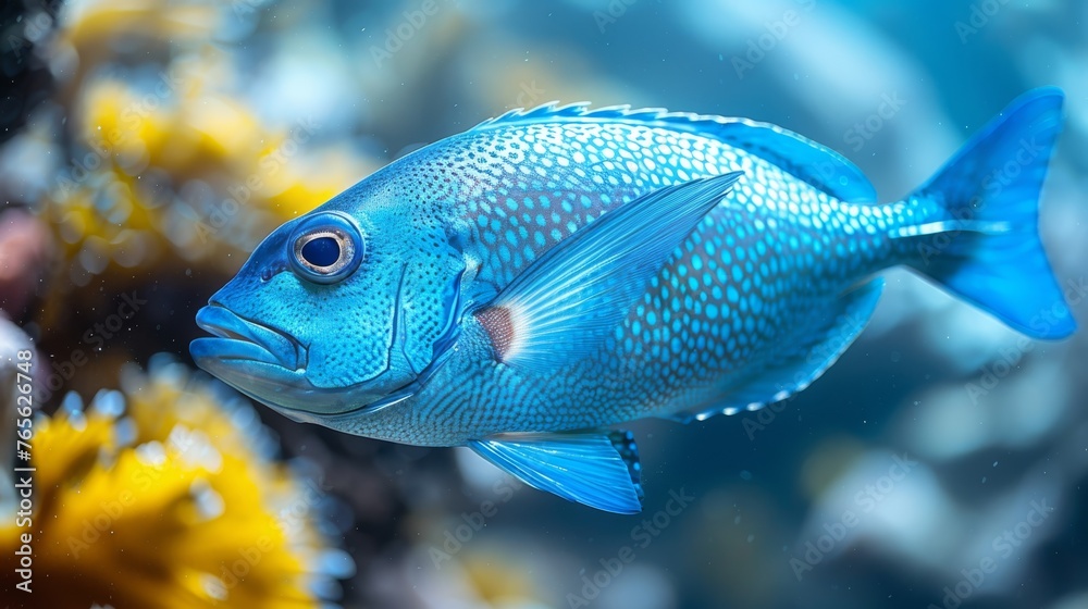 A zoomed-in photo of a blue fish swimming amidst coral in an aquarium, surrounded by yellow flowers and clear blue water A zoomed-in photo of a blue fish swimming amidst coral in an aquarium, surrounded by yellow flowers and clear blue water