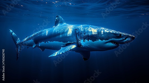  A great white shark glides through deep-blue seas in vast expanses of water