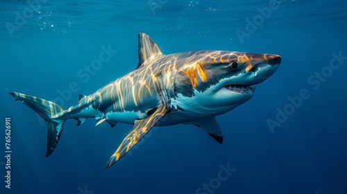  A great white shark glides beneath the water's surface, revealing its gaping maw and fangs