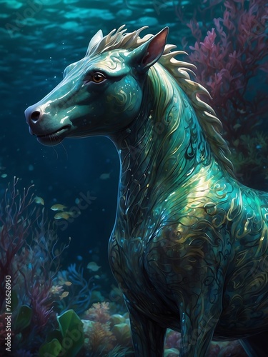 A mystical blue horse with intricate patterns swims underwater surrounded by coral reefs.Generative AI