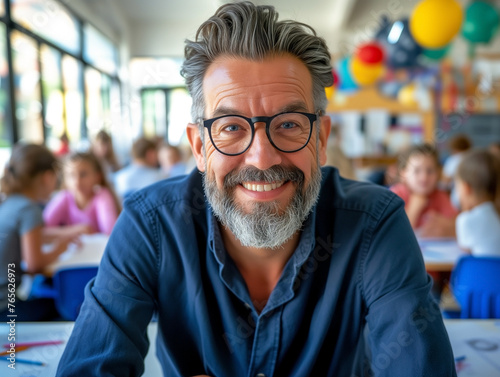Portrait of smiling male teacher with playful background in classroom