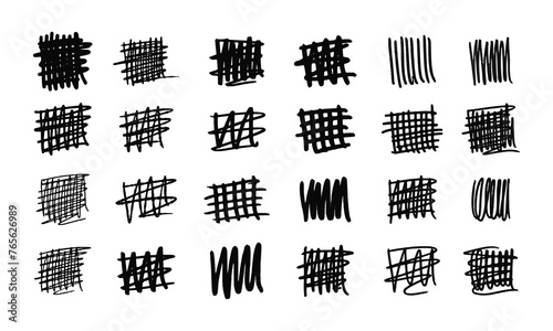 Square strikethroughs and scribbles. Collection of twenty-four randomly drawn squiggles and doodles. Vector set of handwritten symbols and signs