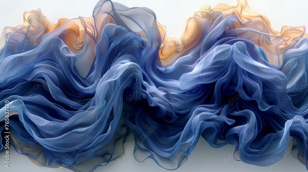  An abstract painting featuring blue, yellow, orange waves on a white background with a white wall in the distance
