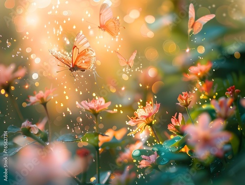 Butterflies Enchanting Among Vibrant Blooming Flowers in Magical Fairytale Garden © vanilnilnilla