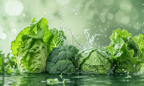 Splash of water with gree healthy vegetable in wide banner. Leaf lettuce and water on green background