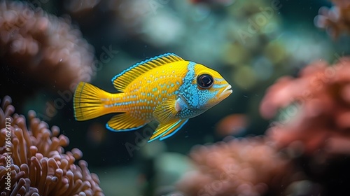  A detailed photo of a single fish swimming around vibrant coral with diverse underwater flora visible in the background
