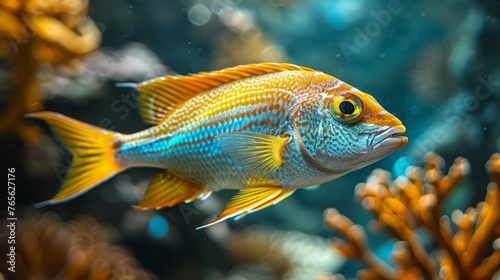  A yellow-blue fish in close proximity to coral in an aquarium against a watery backdrop