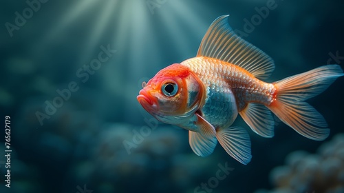  A close-up photo of a goldfish in a fish tank with sunlight filtering through the water and vibrant coral background