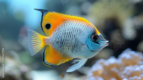  A detailed image of a vibrant fish in an aquarium, surrounded by vivid corals and clear water