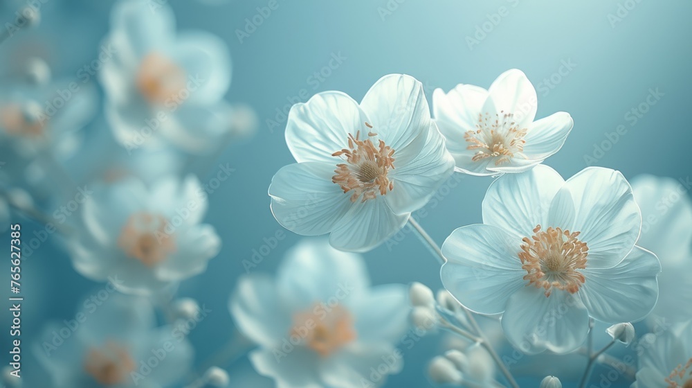 A field of white flowers against a soft blue backdrop with a subtle gradient A field of white flowers against a soft blue backdrop with a subtle gradient