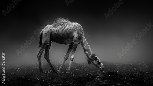  A grayscale image depicts a giraffe stooping to eat leaves in low light