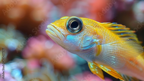  Blue-yellow fish in aquarium with coral, plant background