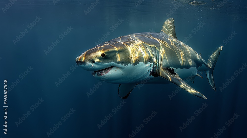 A great white shark with its mouth open, swimming in the blue water ...