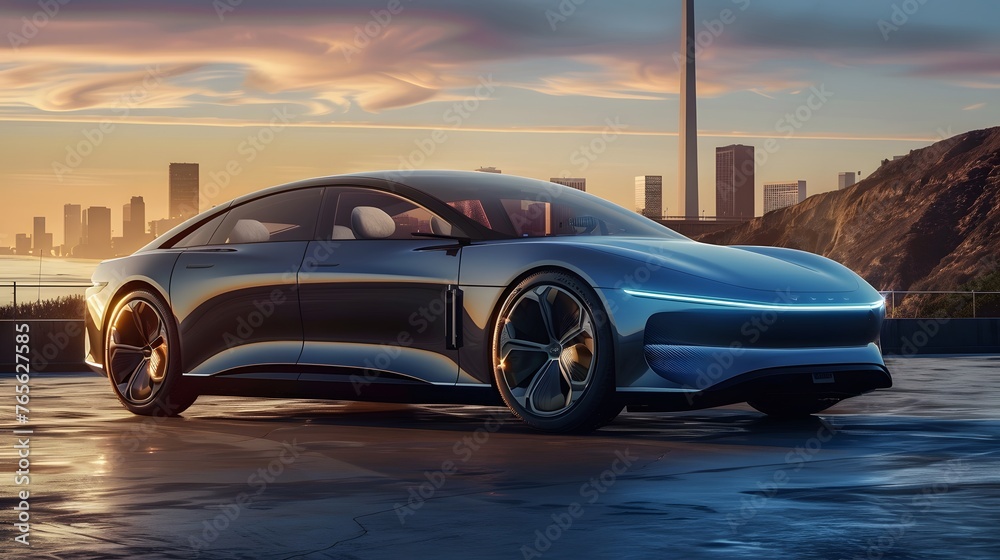 Sunset Drive: A sleek silver automobile speeds along the beach road under the colorful sky