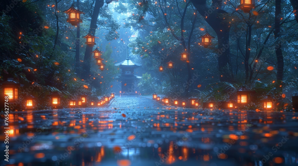  A well-lit trail through the woods, adorned with hanging lanterns and shielded by an umbrella-wielding traveler