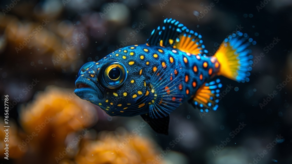 A close-up of a blue and yellow fish with yellow dots on its body against a dark background A close-up of a blue and yellow fish with yellow dots on its body against a dark background