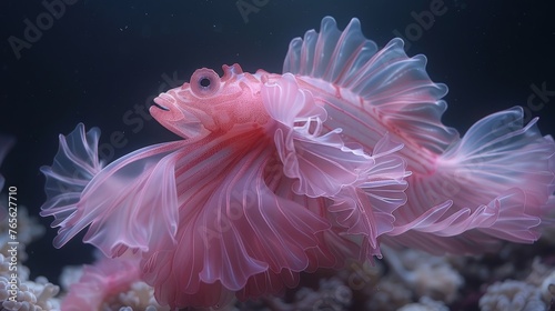  A close-up of a beautiful pink fish in a sea anemone surrounded by white corals in the background