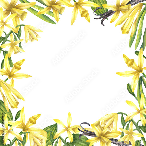Obraz na plátně Watercolor vanilla flowers and stics frame
