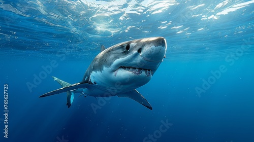  A great white shark swims underwater, with its mouth open wide