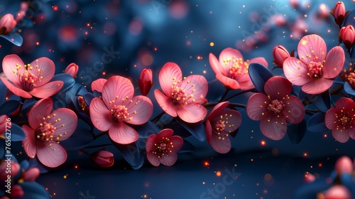  Pink flower cluster on blue leafed branch, shimmering background. photo