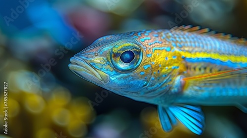  a blue fish with distinct yellow and blue stripes on its side and a focused background