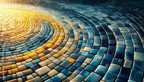 A detailed, focused image of a mosaic wall made of glazed ceramic tiles.