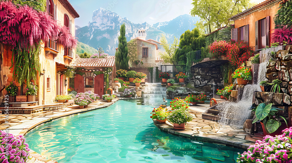 Idyllic alpine landscape with a lake and traditional houses, evoking the serene beauty of European mountain villages