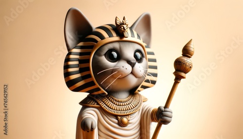 A close-up of a whimsical caricature of a cat dressed as an Egyptian pharaoh, complete with a tiny scepter and throne.